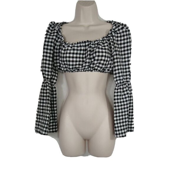 Topshop Crop Top Women Size 0P Black White Gingham Plaid Bell Sleeve NEW - Picture 1 of 7